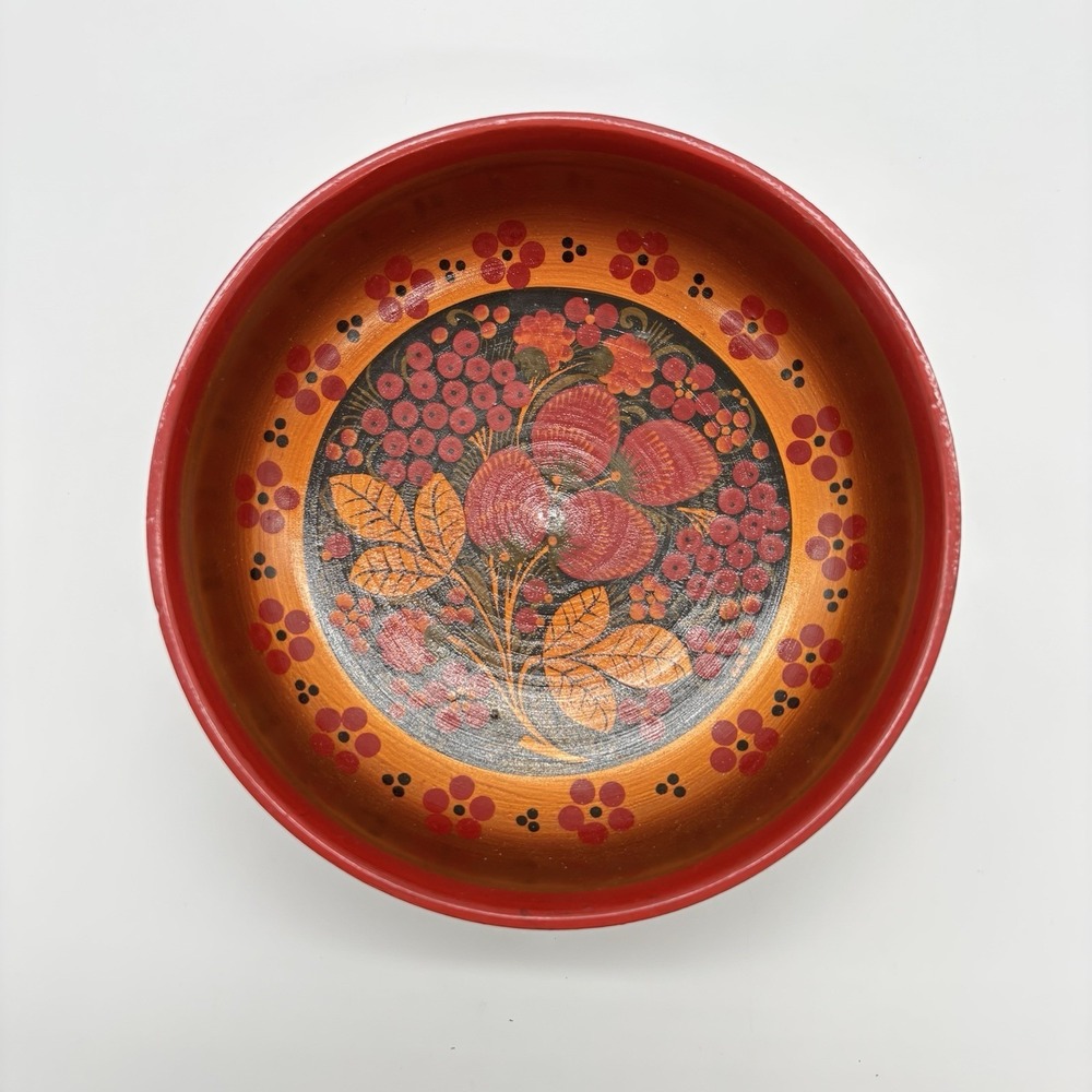 Russian Art Khokhloma Wooden Bowl Matching Spoon Traditional Floral Berry Design - Picture 6 of 16